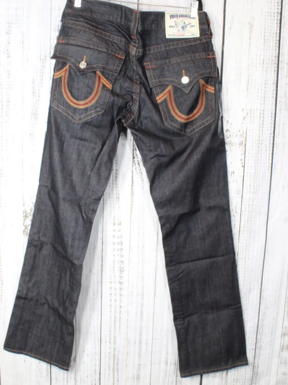 NWT True Religion Straight Leg Flap Jeans Sunset Logo Orange Red Stitch 33